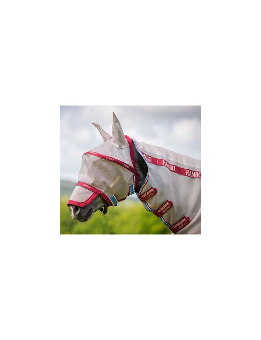 Masque Anti mouches HORSEWARE Rambo Plus Flymask - oatmetal/Cerise Masque Anti mouches HORSEWARE Rambo Plus Flymask - oatmetal/Cerise