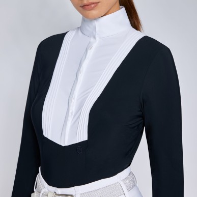 Chemise de concours à manches longues pour femme Cavalleria Toscana navy et blanche