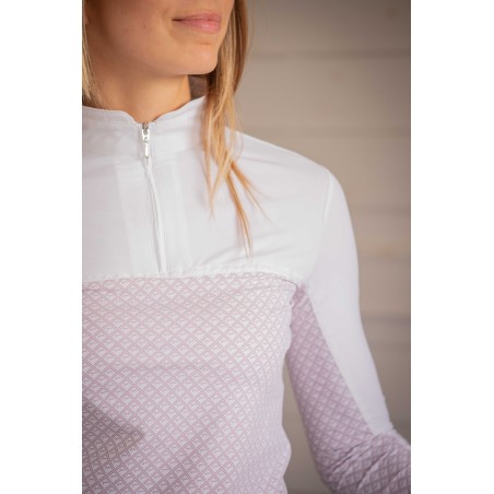 Polo de compétition manches longues Pénélope Debbie blanc/rose