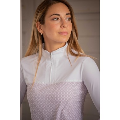 Polo de compétition manches longues Pénélope Debbie blanc/rose