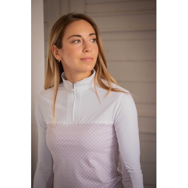 Polo de compétition manches longues Pénélope Debbie blanc/rose